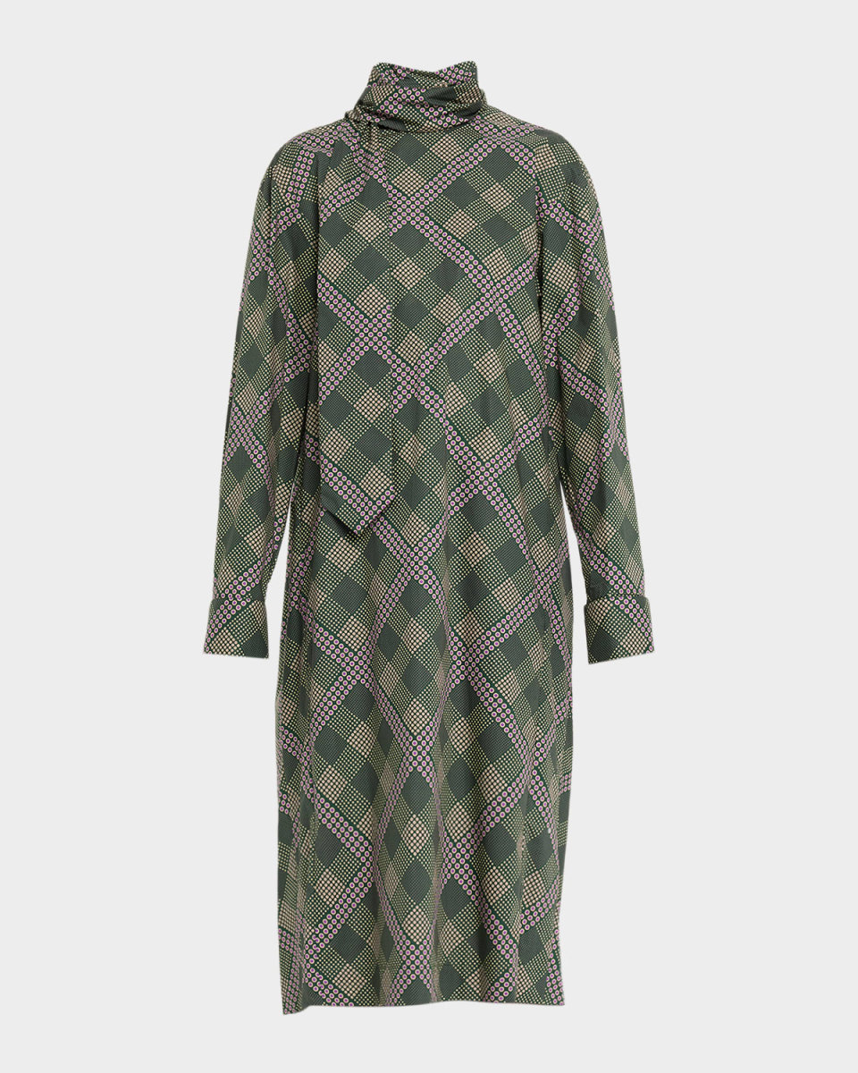 Doddy Scarf-Neck Check-Print Midi Dress
